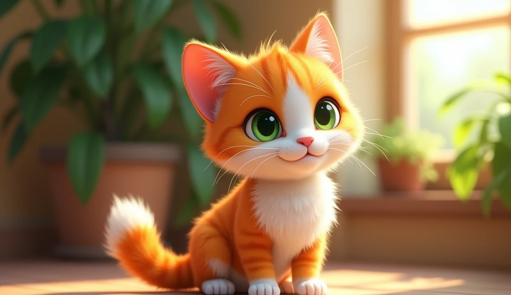 Create an image of Whiskers, a unique and charming cat with a beautiful blend of orange and white fur. Whiskers should have bright green eyes that sparkle with mischief and curiosity, reflecting his playful personality. Position Whiskers in a relaxed, yet alert pose, perhaps sitting or standing with his tail curled, as if he's ready to embark on an adventure. The background can be a cozy, warm environment like a sunny spot near a window or in a garden filled with soft greenery. The overall mood should be inviting and capture Whiskers' distinctive appearance and lively spirit.