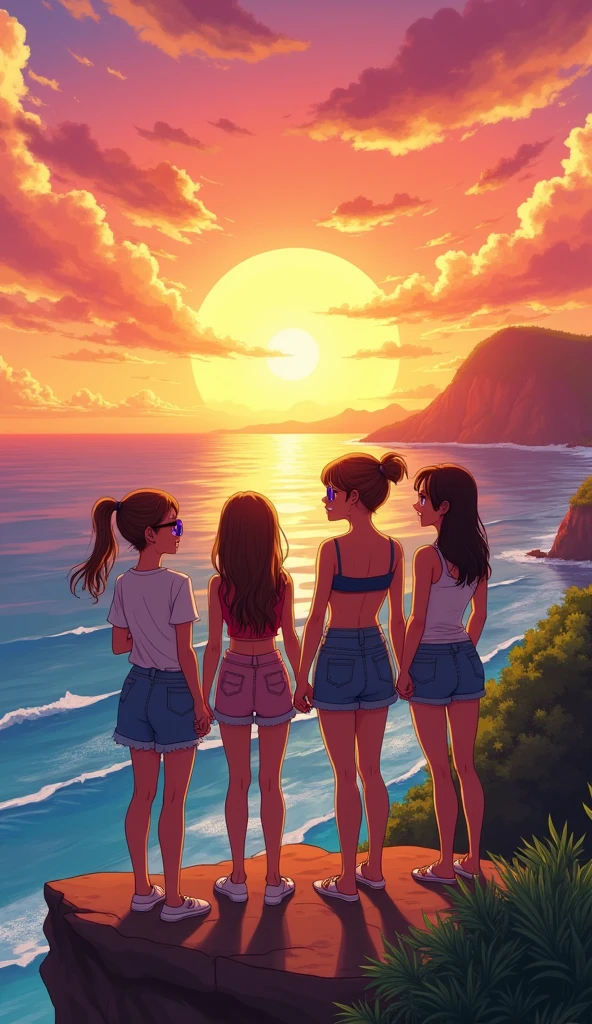 a group of friends sitting on a cliff and laughing watching the sun set, watching the sun set. anime, beautiful anime scene, studio ghibli sunlight, anime beautiful peace scene, beautiful anime scenery, ( ( makoto shinkai ) ), makoto shinkai cyril rolando retro sunglasses, Hawaii, gta vice style , illustration , reteo comic illustration