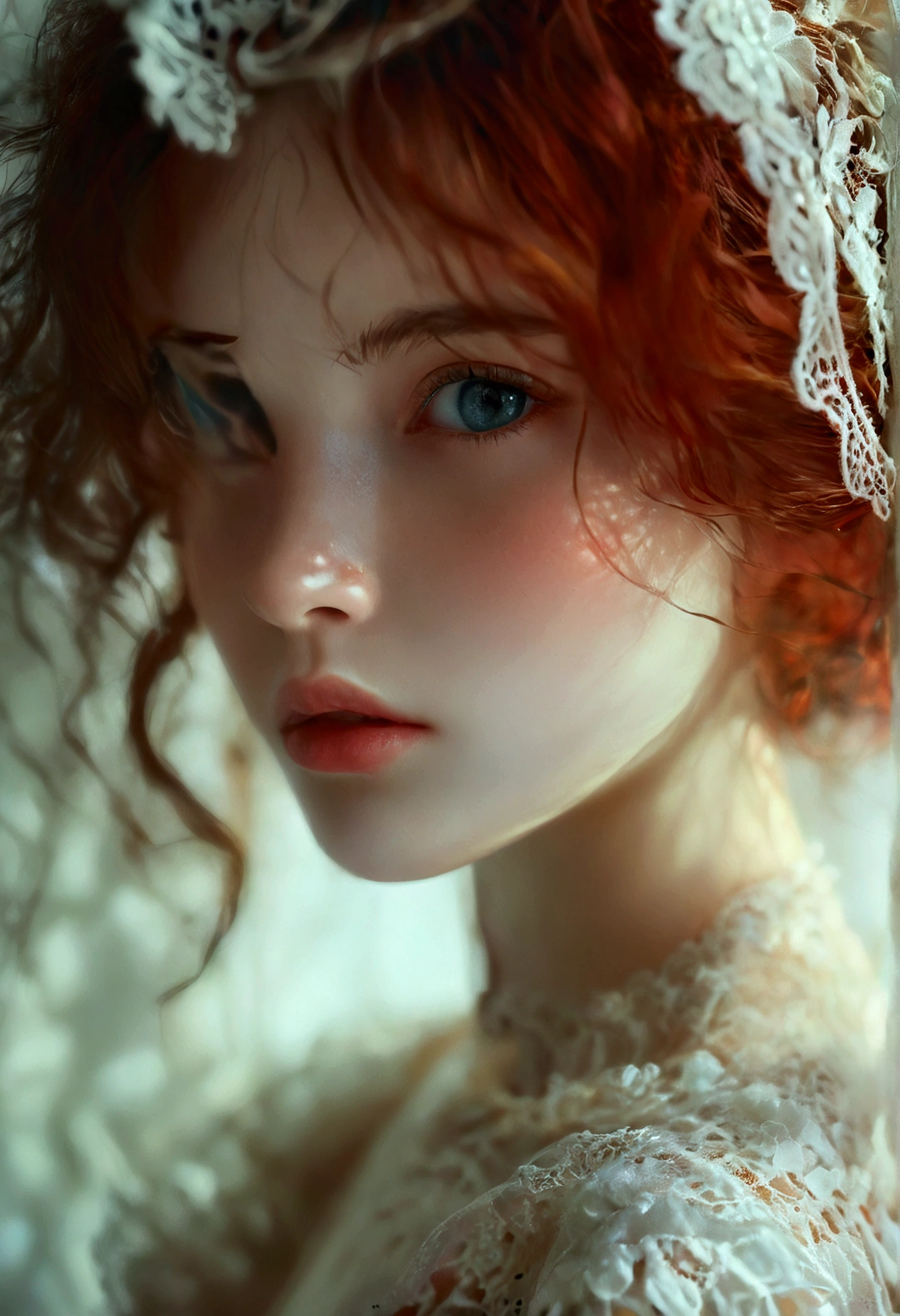 best quality, masterpiece,intricate detail, depth of field,highest quality,extremely detailed,high res,4k,ultra high res,detailed shadow,ultra realistic,realistic,dramatic lighting, 1 girl, solo,detailed face,detailed eye,realistic skin,narrow waist,lace, lace trim,dress,delicate pattern, intricate details, nude