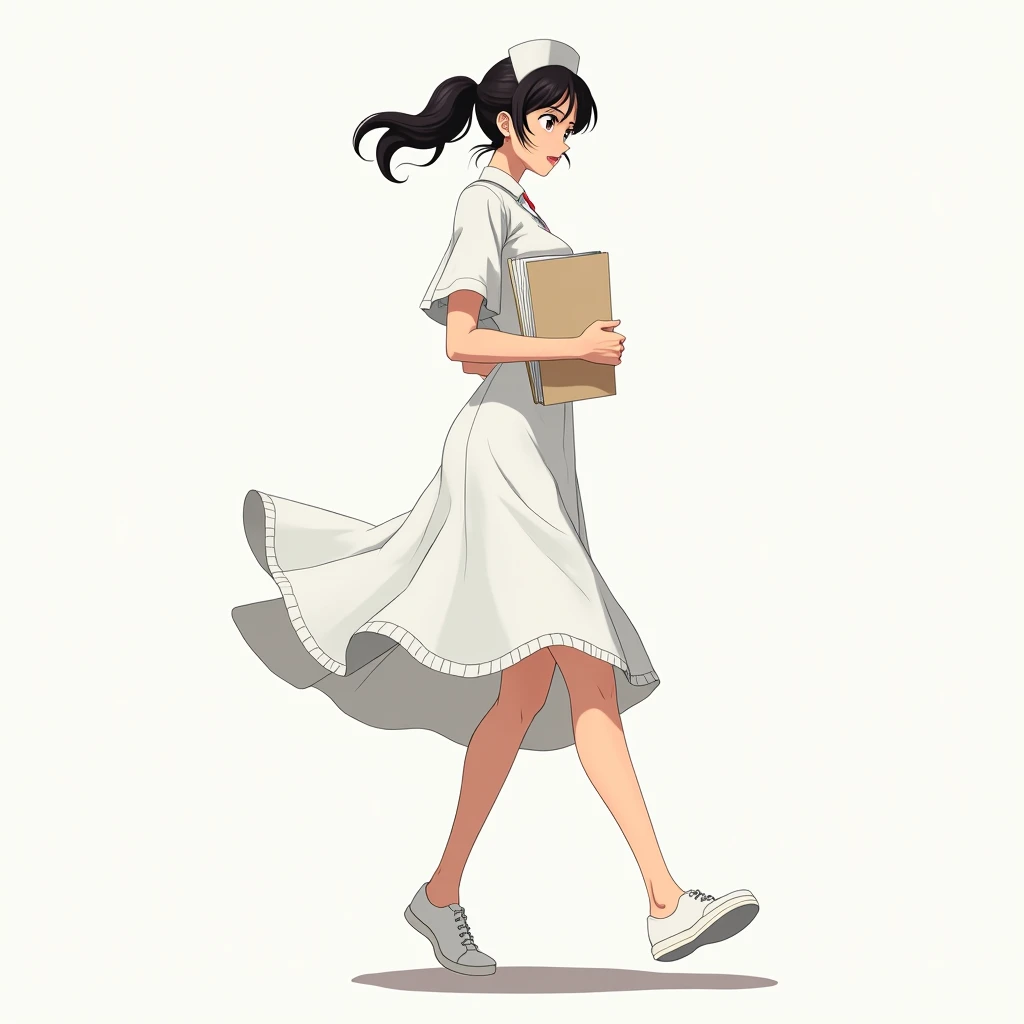 anime nurse from behind, nurse dress, looking to the front, carrying documents, wide pronounced hips, swaying hips, walking,