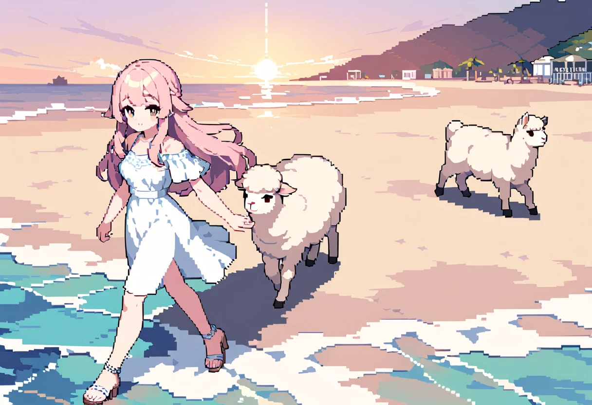 masterpiece, Highest quality, 8k, \(Pixel art, Vivid, Highest quality\), \((One person)), (young woman, Open your mouth, Fluffy hair, Long Hair, Hair like sheep's hair, Pink Hair, eyebrow, 太いeyebrow, White dress, Straw hat, High heel sandals\), (Highest quality:1.0), (\Seaside, Walking on the beach, evening\), One Alpaca