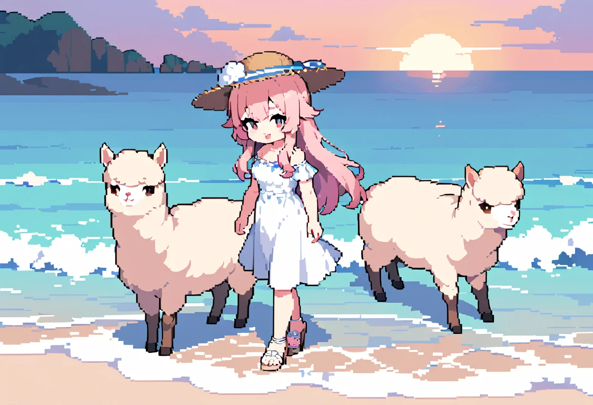 masterpiece, Highest quality, 8k, \(Pixel art, Vivid, Highest quality\), \((One person)), (young woman, Open your mouth, Fluffy hair, Long Hair, Hair like sheep's hair, Pink Hair, eyebrow, 太いeyebrow, White dress, Straw hat, High heel sandals\), (Highest quality:1.0), (\Seaside, Walking on the beach, evening\), One Alpaca