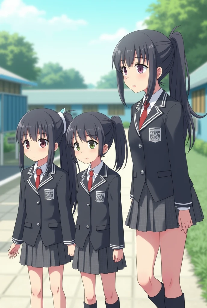 Three girls Black hair with school uniform one short girl one with long hair tied up one tall girl with ponytail