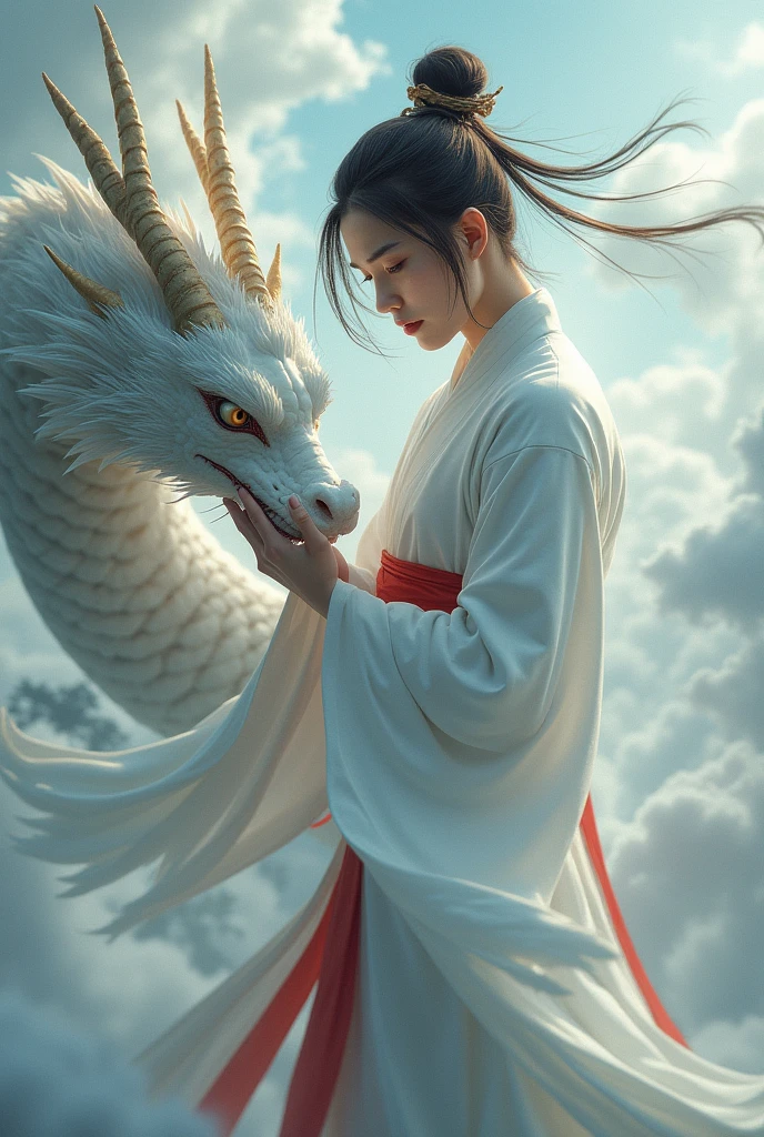 Dynamic Lighting, Art Station, Poster, Volume Lighting, Very Detailed Faces, 4k Wallpaper, Award-Winning 1 Brunette man, Long Flowing Hair, Ponytail, Fringed Hair Ornament, Dynamic Perspective, White Hanfu, White Gauze Flying, Red Belt, Sexy, Traditional Chinese Ink Painting, Surrounded by Clouds and Mist, Mist, Riding a White Dragon Dragon, Stroking the Dragon Head, White Dragon Horns, Dynamic Perspective, Movie Lighting,
