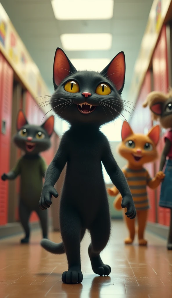 Make me a realistic photo of a black cat with a human body, happy expression, at school, with other cats with human bodies