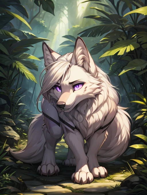 Naomi, solo, female, (slim), (white female anthro wolf):1.3, standing, (brown tribal clothing, skimpy) detailed eyes, wolf tail, long white hair,  (detailed eyes, purple eyes, glowing eyes):1.1, (outdoors:1.35), in a jungle, (heavy rain):1.4, night, detailed background, 8k HD, (dark shadows, wide dynamic range, hdr, low light:1.2), (by gudlmok99, by sleepiness18, by claweddrip) full body shot, feet in frame, 4 toes, feet paws, hiding in foliage, crawling