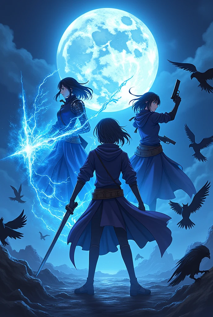 create an anime cover with a person who controls blue fire and ice, another who manipulates weapons like swords and pistols and a boy who manipulates shadows and crows and bats coming out of the shadows on a blue background with a full moon but does not put the characters&#39; faces 

