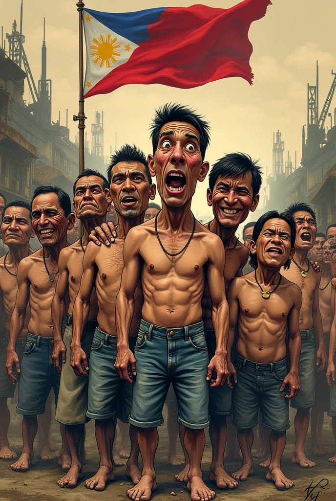 (Caricature), Create a detailed caricature that captures the suffering and resilience of the Filipino people during the Japanese occupation in World War II. Depict a scene with a somber, yet defiant tone. Show a group of Filipino civilians, visibly emaciated and traumatized, standing together with a backdrop of destruction—perhaps the ruins of Manila or the harsh conditions of the Bataan Death March. Include symbols of Japanese brutality, such as a menacing soldier or imagery representing forced labor and violence. However, also incorporate elements of resistance and nationalism—Filipino fighters or civilians holding the Philippine flag, a figure leading a resistance movement, or a symbol of hope and unity. The style should exaggerate the emotional expressions, highlighting the despair, anger, and determination of the Filipino people.
Include words in the caricature
"Manila’s Resilience", "For our freedom, we fight!", "Suffering under the weight of war." And "Brutality and Fear."