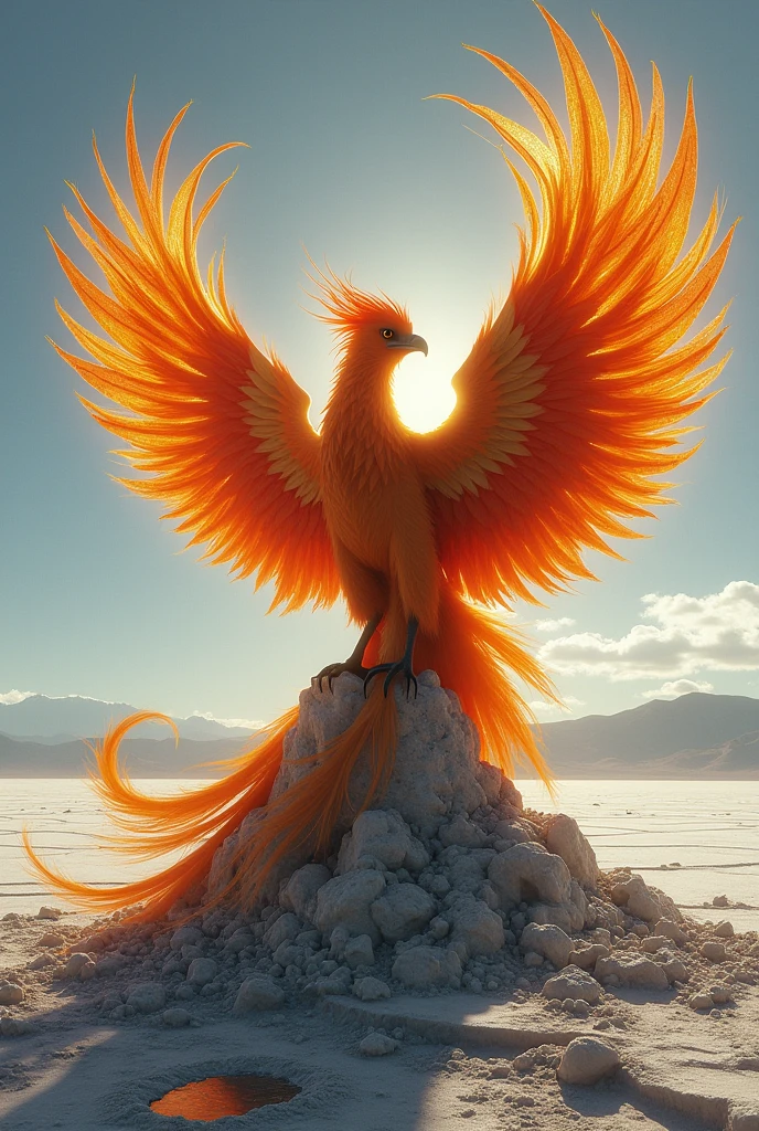 A phoenix rising from charcoal-colored ashes in a salt field, like the Bolivian or Jujuy salt flats. 