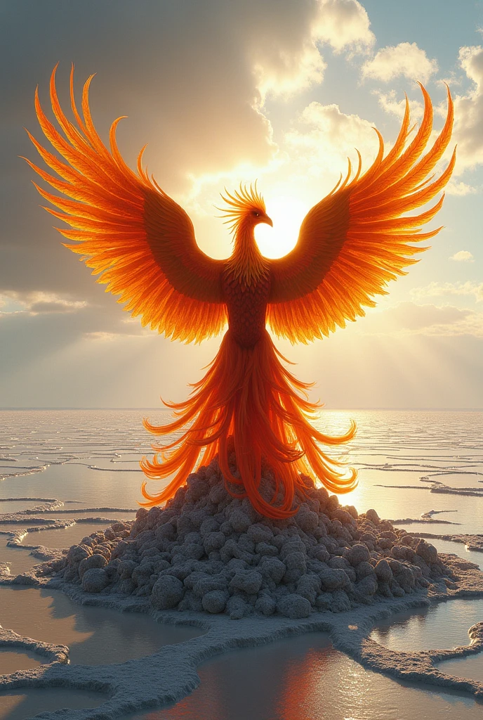 A phoenix rising from charcoal-colored ashes in a salt field, like the Bolivian or Jujuy salt flats.
