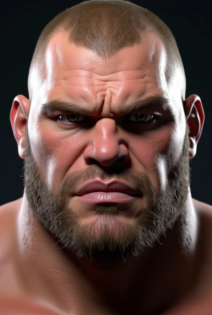 A person with a thick build, a large chin and a square head with little hair and very tender.
