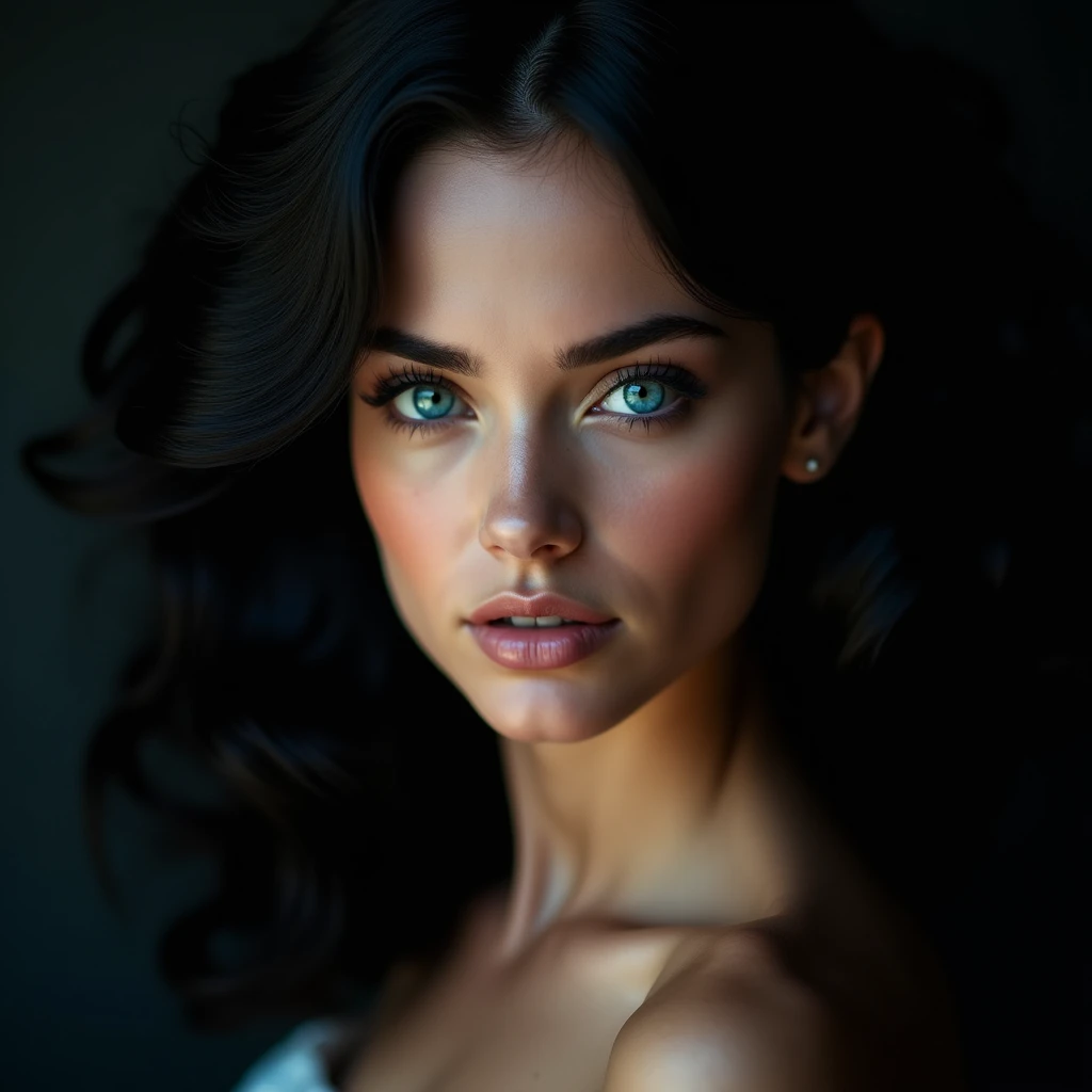 FACE SHOT OF LOVELY BEAUTIFUL BLACK HAIR WOMAN, HUGE LONG BLACK HAIR, VOLUMOUS HAIR, VERY PALE SKIN, TURCOISE BLUE EYES, EXPRESSIVE TURCOISE EYES, LOVELY FACE EXPRESSION, CLOSED MOUTH, ROSY CHEEKS, HIGH CHEEKBONES, MENTAL FORAMEN, FRONTAL ANGLE SHOT, SUPER CLOSE-UP FACE SHOT, EUROPEAN BEAUTY, DARK BACKGROUND, DIFUSED LIGHTS, SHYNING BACKLIGHTS, LENS 200 mm, f:2.8, MASTERPIECE