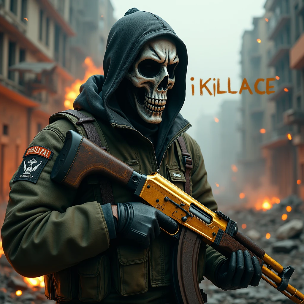 a highly detailed character portrait of Ghost from Call of Duty, wearing his iconic skull mask, carrying a gold AK117 assault rifle, with the text "iKillAce" written in the background surrounded by bullet holes, set against a burning and destroyed city landscape, cinematic lighting, dramatic camera angle, photorealistic, 8k, hyperdetailed, intricate details, dramatic lighting, cinematic composition, epic scale