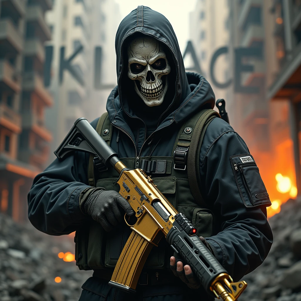 a highly detailed character portrait of Ghost from Call of Duty, wearing his iconic skull mask, carrying a gold AK117 assault rifle, with the text "iKillAce" written in the background surrounded by bullet holes, set against a burning and destroyed city landscape, cinematic lighting, dramatic camera angle, photorealistic, 8k, hyperdetailed, intricate details, dramatic lighting, cinematic composition, epic scale