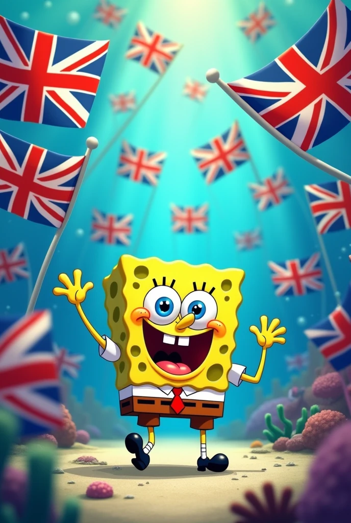 Spongebob with many flags of the United Kingdom