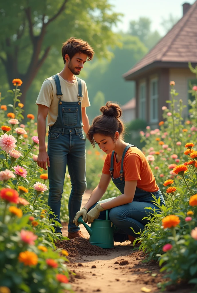 Generate image of a couple, Tall thin man, fat woman, lowered with tools, taking care of the flowers in a garden.