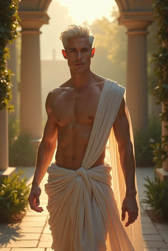 candid an full body photo of prince charming, male supermodel, attractive and exotic, white hair, a masculine appearance with slender smooth body, delicate and symmetrical face, natural olive skin tone, sitting in garden, closed eyes, smirk face, inspired by Irises by Vincent Van Gogh 18, he is wrapped in classical drapery sheer pastel color fabric,The composition include mythological elements, such as a backdrop of a serene with a golden sunrise and nymphs to frame the scene.Illuminate the scene with soft diffused lighting to create a dreamlike, celestial atmosphere, capturing the delicate interplay of light and shadow on his face and body. ((full body shot)), wide-angle lens on a high-resolution DSLR camera to capture the grandeur and intricate details of the setting, while shooting from a dynamic angle to emphasize the model's majestic presence. The overall mood should blend the classical elegance of Botticelli's work with a modern, high-fashion aesthetic, producing an image that feels both timeless and contemporary, evoke the soft ethereal quality of the Renaissance style, POV, raw photo, ((masterpiece)), ((best quality)), High Resolution, (ultra_realistic), (photorealistic), (NSFW), ((Pay attention to the layer and arrangement of body and surrounding)), ((Pay attention to the body composition)), ((Correct body structure)), ((Correct distance)), romantic atmosphere, lively extremely Gorgeous background,