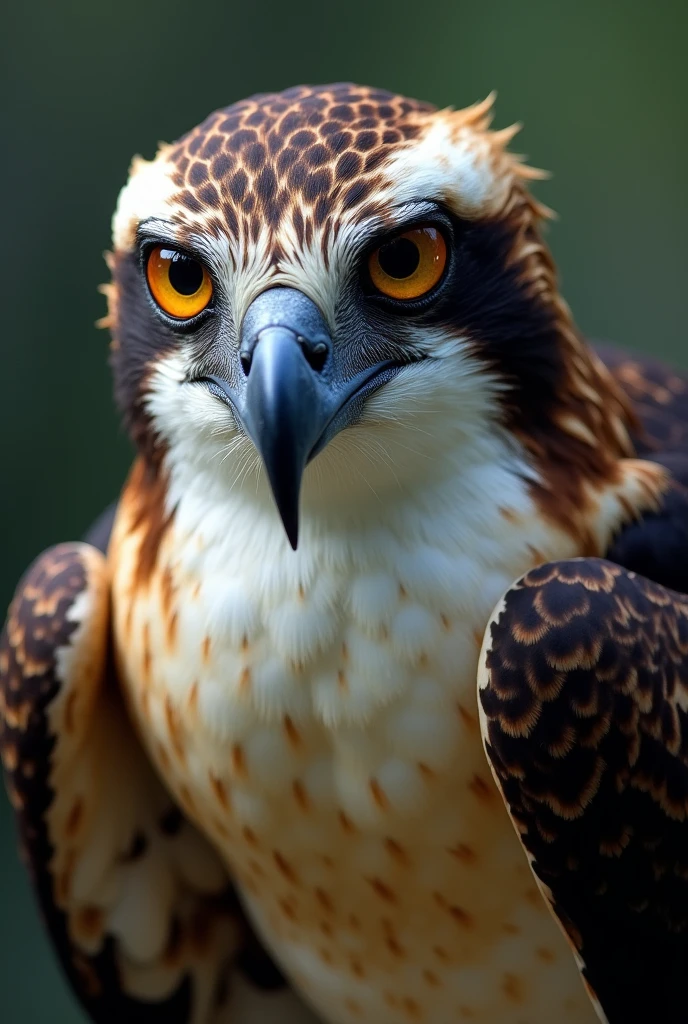 An Osprey bird, head facing towards the camera , eyes focused on prey outside the frame, close up view of the head , eyes not directly gazing at camera