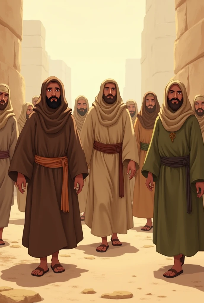 the people of Israel walking forward men and women with garments of different dull colors from the time of Jesus animated