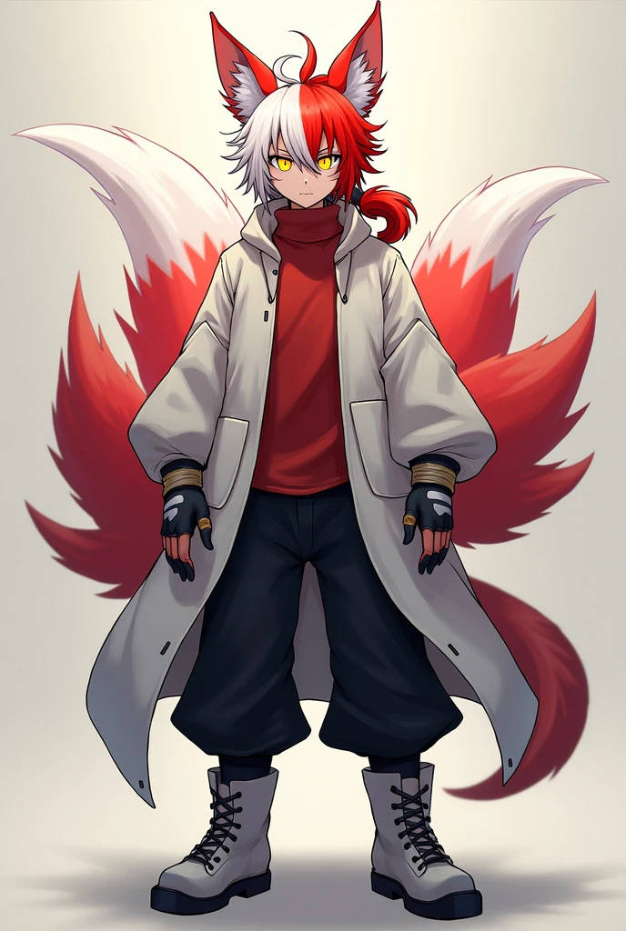 Create a Kitsune with half white and half red hair, with a ponytail, with fringe on the left side, yellow eyes, eyes large, humanoid, with ears and nine tails, o nome dele é Kito Kaiiatsubaky, Men's White Windbreaker Jacket with Red Shirt, black pants and men's boots,with gloves, Personalidade: always cheerful and lively and willing to protect his friends and companions.