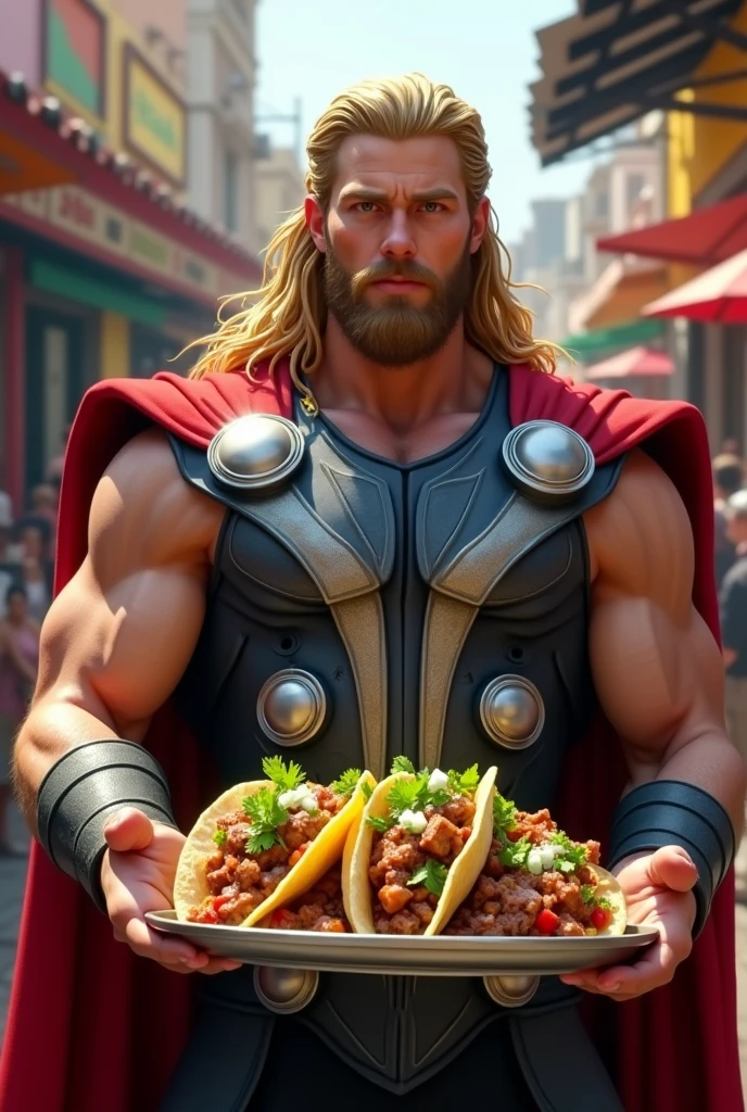 An image of Thor bringing some tacos al pastor instead of his hammer 