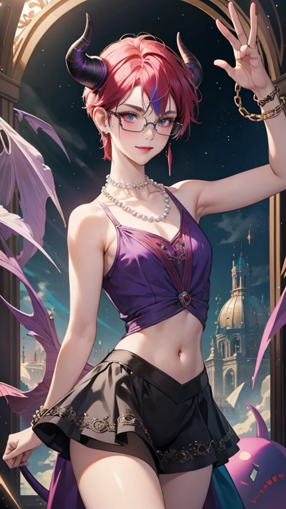 8k, masterpiece, best quality, highly detailed, 1 girl, tiefling, warlock, pixie cut, multicolored hair, very short straight hair red highlight hair on white hair, strippled hair, wearing glasses, round glasses, earrings, navel piercing, red eyeshadow, long eyelashes, blushed cheek, red lips, pearl necklace, rings, collarbone, mole on face, glamorous, teal and purple clothes, sleeveless, miniskirt, smirk, close up view, rings, looking at viewer, demon horns, solo, starry sky, pale blue moon, standing, boxing stance, demonic arms, chains on the background.