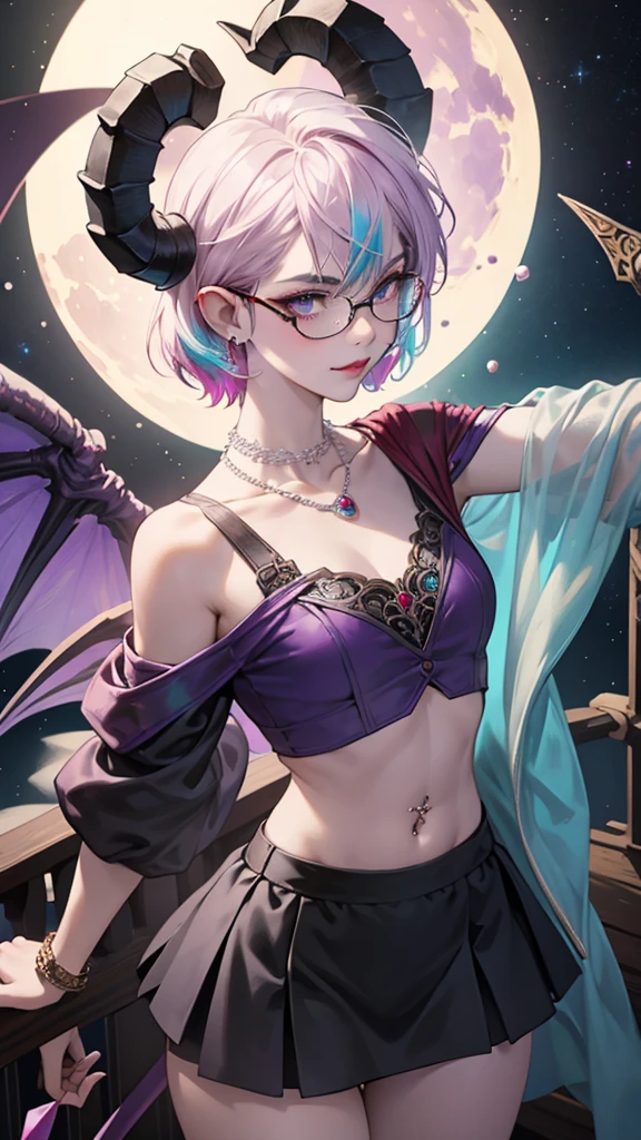 8k, masterpiece, best quality, highly detailed, 1 girl, tiefling, warlock, pixie cut, multicolored hair, very short straight hair red highlight hair on white hair, strippled hair, wearing glasses, round glasses, earrings, navel piercing, red eyeshadow, long eyelashes, blushed cheek, red lips, pearl necklace, rings, collarbone, mole on face, glamorous, teal and purple clothes, sleeveless, miniskirt, smirk, close up view, rings, looking at viewer, demon horns, solo, starry sky, pale blue moon, standing, boxing stance, demonic arms, chains on the background, black lace gloves.