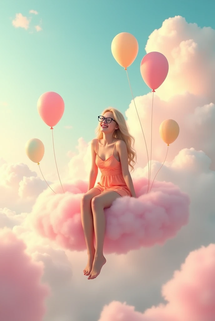 A beautiful japanese girl, blond long wavy hair, black round glasses, slender body, wearing pastel orange mini sun dress, beautiful sexy legs, sitting front view and rilex on flying fluffy soft pastel pink cloud that has some colorful pastel balloons on it, legs hanging down.
Pastel pink background, she's happy, laughing and enjoying flying with the cloud. Other fluffy soft pastel pink cloud surround it.