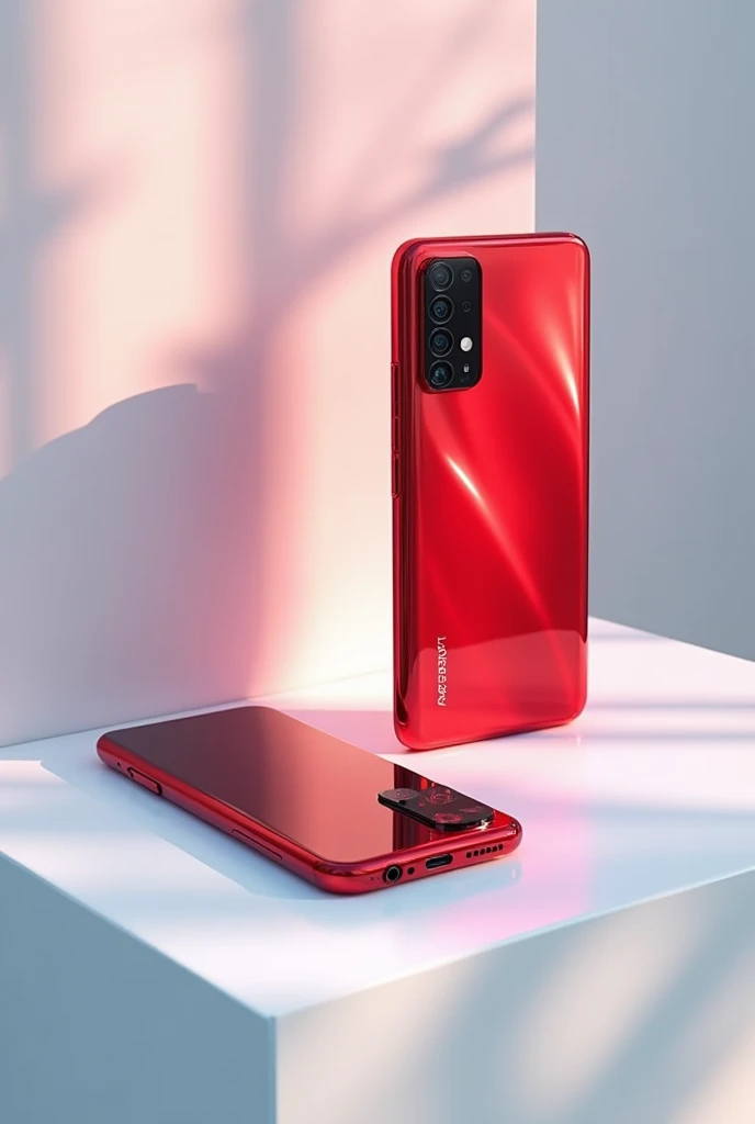 A red Magic 9s pro on a white table and a poco x3 pro taking a picture of it