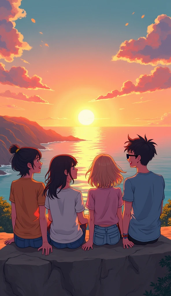 a group of 5 friends sitting on a cliff and laughing watching the sun set, watching the sun set. anime, beautiful anime scene, studio ghibli sunlight, anime beautiful peace scene, beautiful anime scenery, ( ( makoto shinkai ) ), makoto shinkai cyril rolando retro sunglasses, Hawaii, gta vice style , illustration , reteo comic illustration