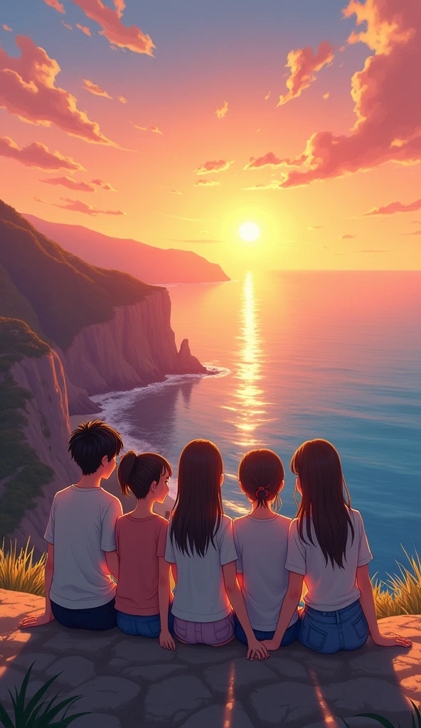a group of 5 friends sitting on a cliff and laughing watching the sun set, watching the sun set. anime, beautiful anime scene, studio ghibli sunlight, anime beautiful peace scene, beautiful anime scenery, ( ( makoto shinkai ) ), makoto shinkai cyril rolando retro sunglasses, Hawaii, gta vice style , illustration , reteo comic illustration