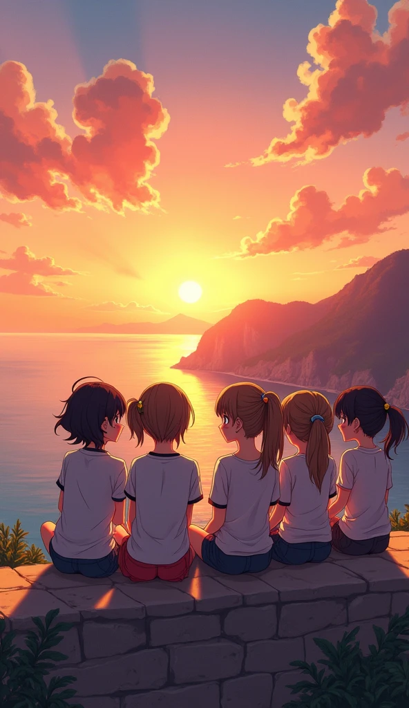 a group of 5 friends sitting on a cliff and laughing watching the sun set, watching the sun set. anime, beautiful anime scene, studio ghibli sunlight, anime beautiful peace scene, beautiful anime scenery, ( ( makoto shinkai ) ), makoto shinkai cyril rolando retro sunglasses, Hawaii, gta vice style , illustration , reteo comic illustration