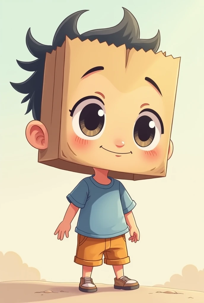 A boy and he don't have face instead of face he have paper bag with eyes and other facial expressions  in anime style for profile picture 