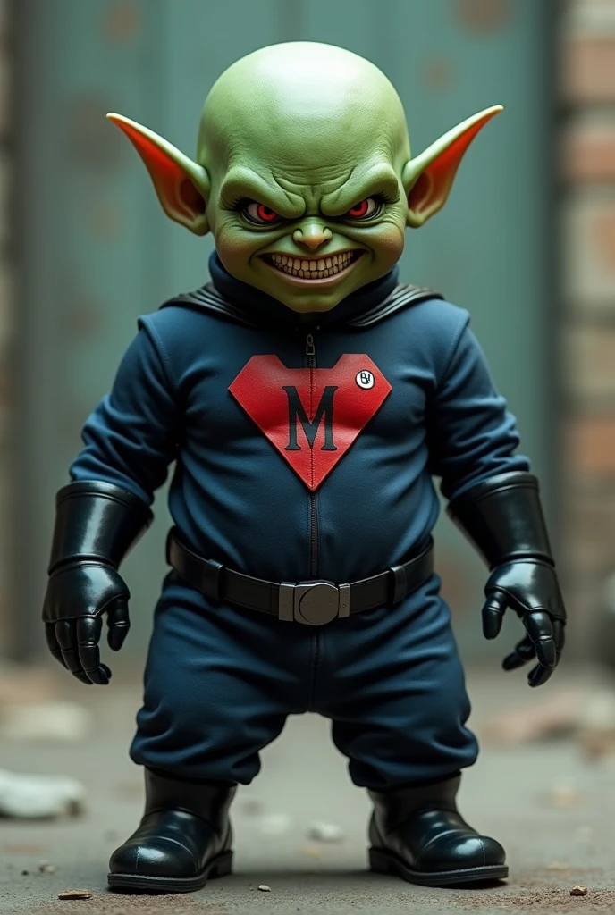 show Multox a super villain who is a small green man with sharp ears and a round bald head. he wears a navy blue uniform with a red 'M' on his chest, with black boots and black gloves. He stands with a hunched posture smiling at the camera.