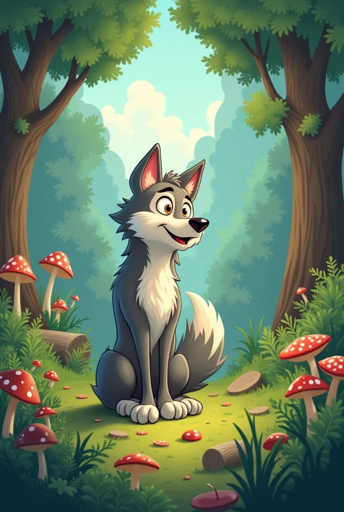 Create cartoon wolf in the forest