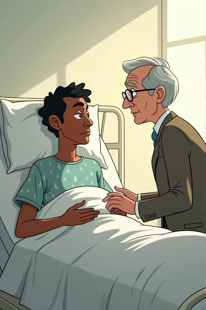 Animated 2d image of Srinavasa Ramanujan lying in hospital talking to G. H Hardy