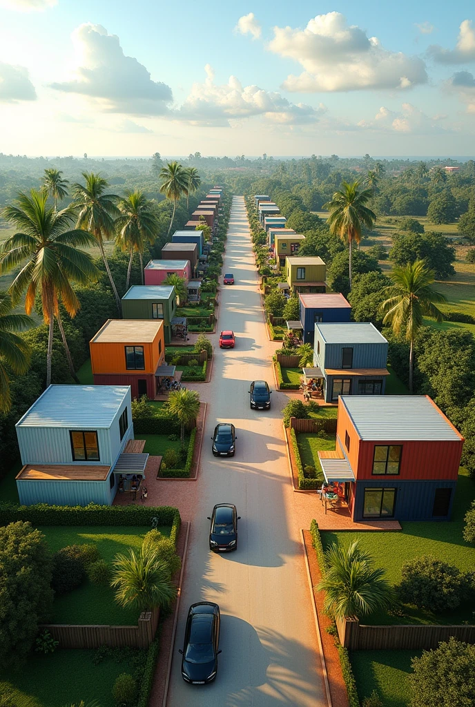 Container estate nice looking houses kind of small in uganda entebbe with a car road in the middle of the estate and different containers sizes ,colors with palm trees along the road and small middle big houses well designed cars parked along the road and the container should more for some houses the estate should be along side the entebbe express highway some should be put on others of 30houses but 90 containers having all the sizes of container 8k HD real life and the houses should have small compounds at least put the estate in uganda Kampala