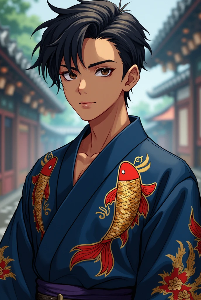 Male character Teenager with brown skin and short black hair slicked back, dark brown eyes, wearing a dark blue kimono with a gold fish print, demon slayer anime style