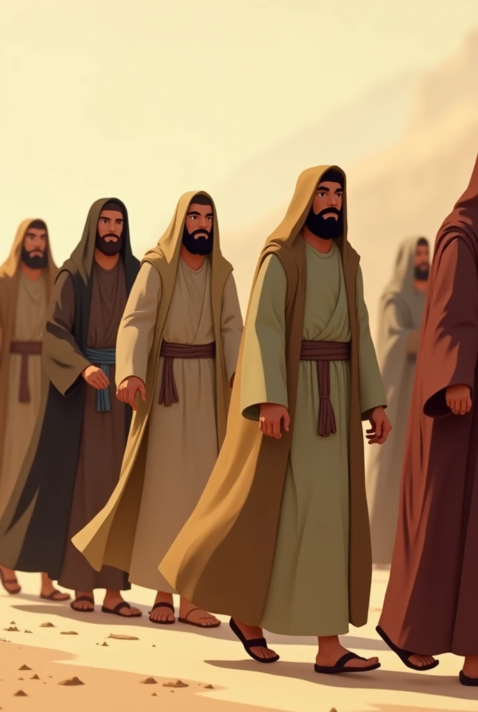 the people of Israel walking forward men and women with garments of different dull colors from the time of Jesus animated