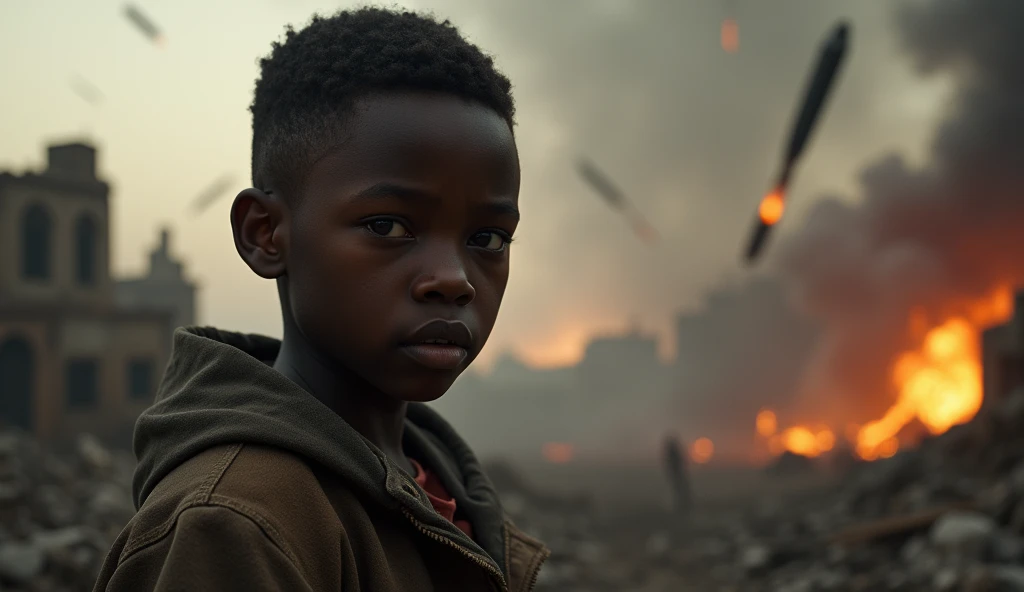 2024; (masterpiece, best quality) destroyed city (Luanda)1sad boy looking Down(close-up); bombs falling from the sky.; fire around.