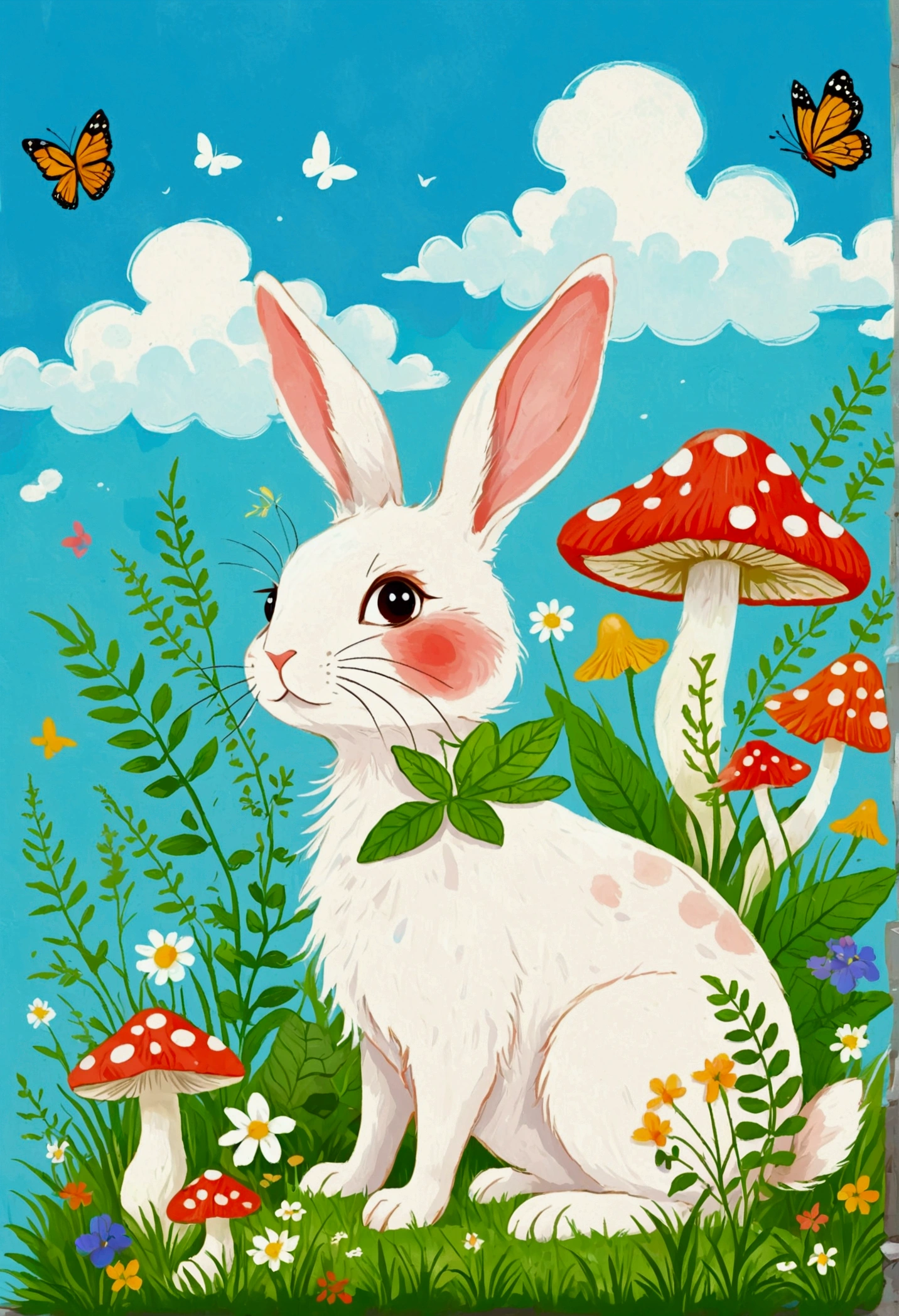 Illustration of a rabbit with a green patch of grass and plants, Digital Art by Relja Penezic, shutter, Furry Art, Rabbit and plants, mushroom,Butterfly,Rabbit design, Illustration of a rabbit, Drawn in a whimsical style, Colorfull illustration, Cute illustrations, Blue sky and white clouds