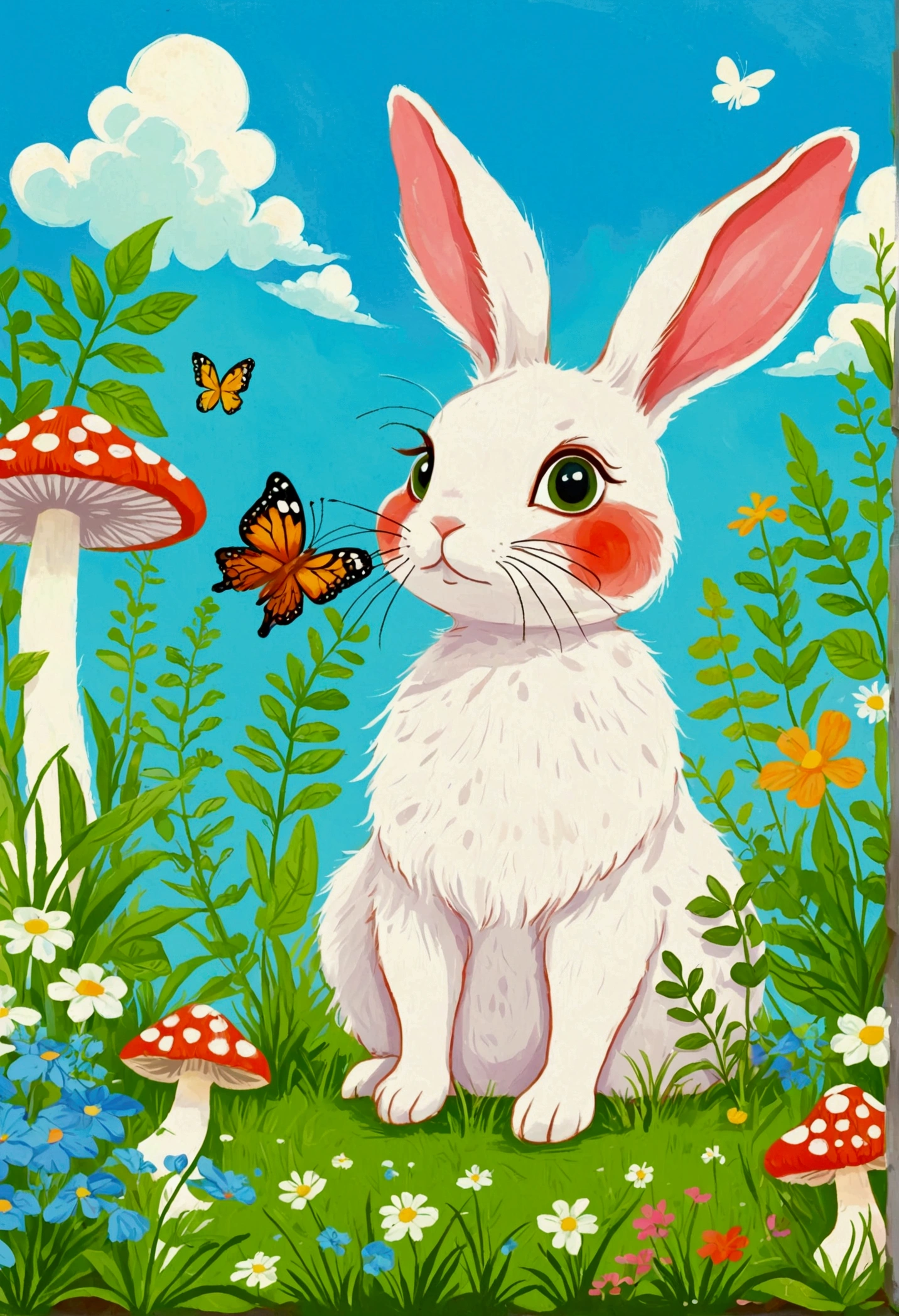 Illustration of a rabbit with a green patch of grass and plants, Digital Art by Relja Penezic, shutter, Furry Art, Rabbit and plants, mushroom，Butterfly，Rabbit design, Illustration of a rabbit, Drawn in a whimsical style,  Colorfull illustration, Cute illustrations, Blue sky and white clouds