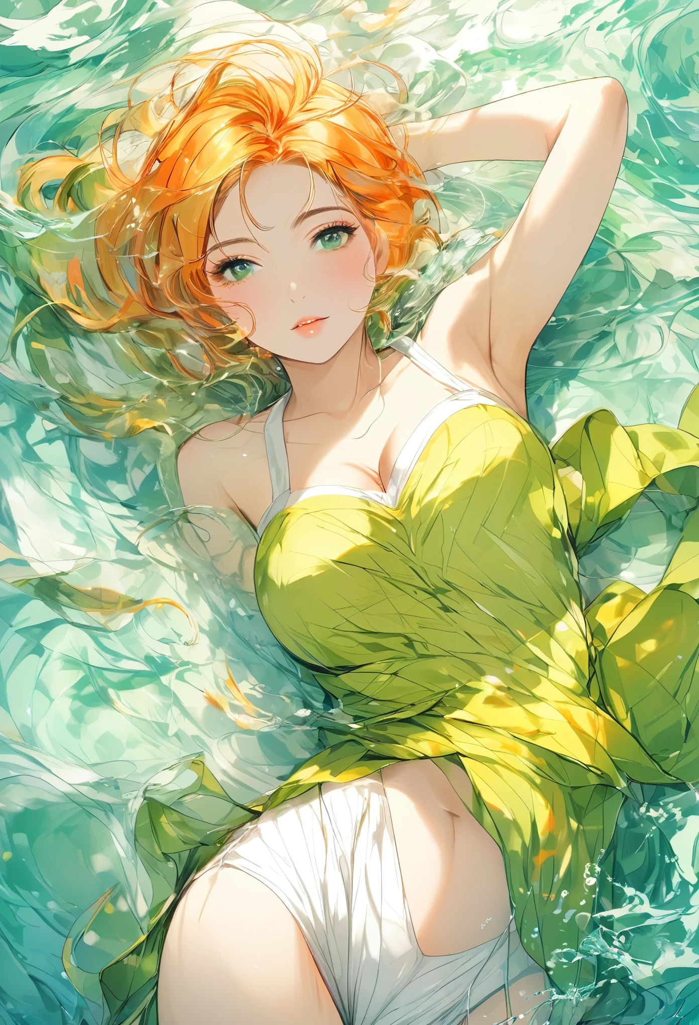 1girl, elegant erotic beautiful girl, big breasts, ((short orange hair)), hair is short, ((green ribbon in hair)), maxi dress, adultery, indecent, vulgar, Nakano Yotsuba, intricate details, delicate facial features, beautiful blue eyes, ulzzang, long eyelashes, small nose, full lips, porcelain skin, natural lighting, warm color palette, chiaroscuro lighting, dramatic shadows, sensual, alluring, mature themes, artistic, dreamlike, ethereal, ((arms behind back)), thigh highs, ((white panties)), sideboob, cleavage, looking at viewer, ulzzang, (blue eyes),