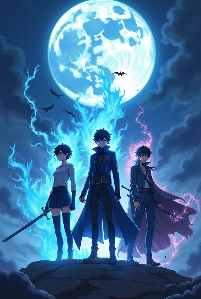 create an anime cover with a person who controls blue fire and ice, another who manipulates weapons like swords and pistols and a boy who manipulates shadows and crows and bats coming out of the shadows on a blue background with a full moon but don&#39;t put the characters&#39; faces, it looks like they are two boys and a girl and do what I told you 

