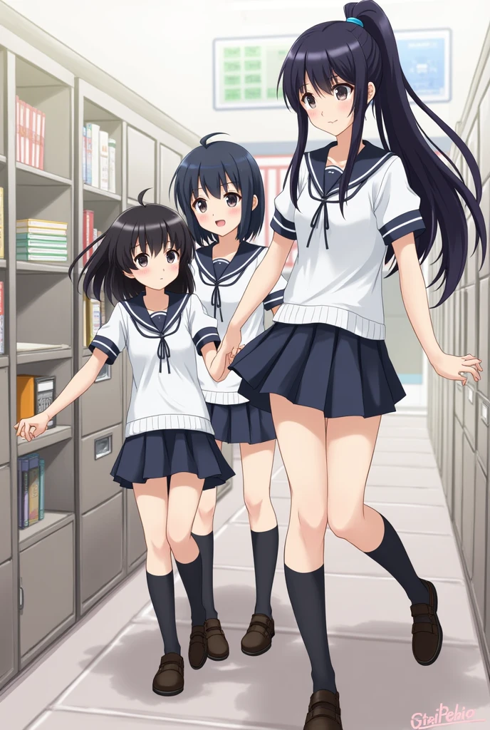 Three girls Black hair with school uniform one short girl one with long hair and medium height one tall girl with ponytail 