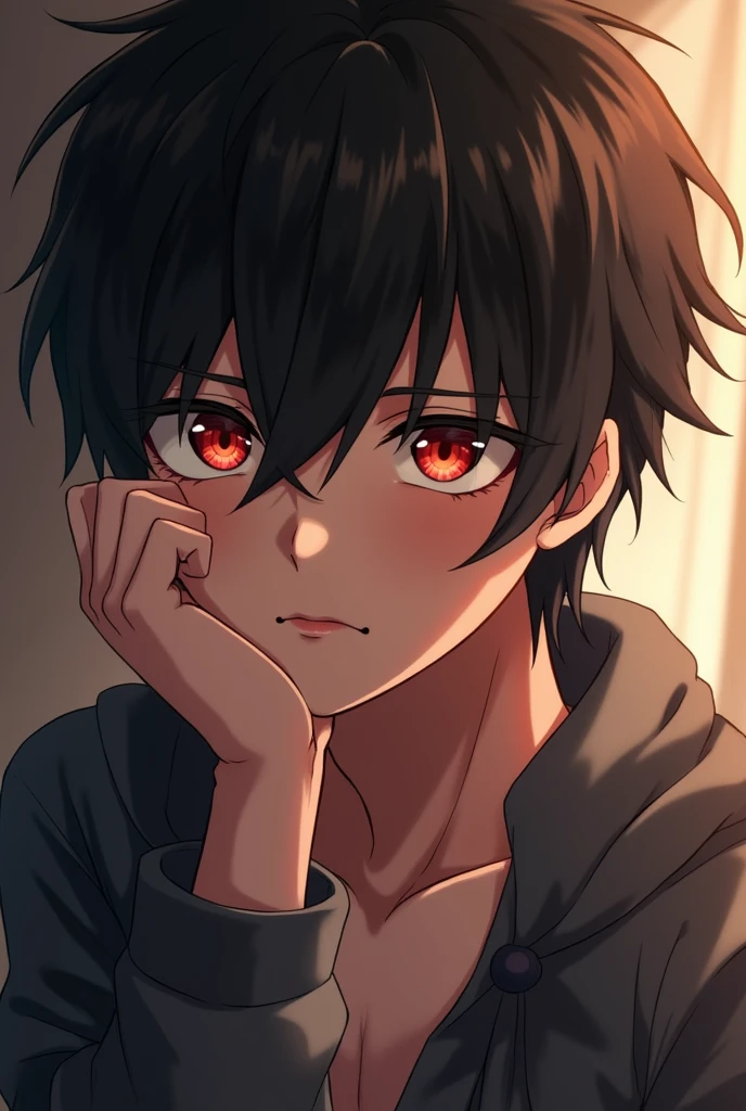 *blackhaired thin tall boy.. with eyebags.. and seductive huntereyes.. stroking his big vainy penis..* *anime*