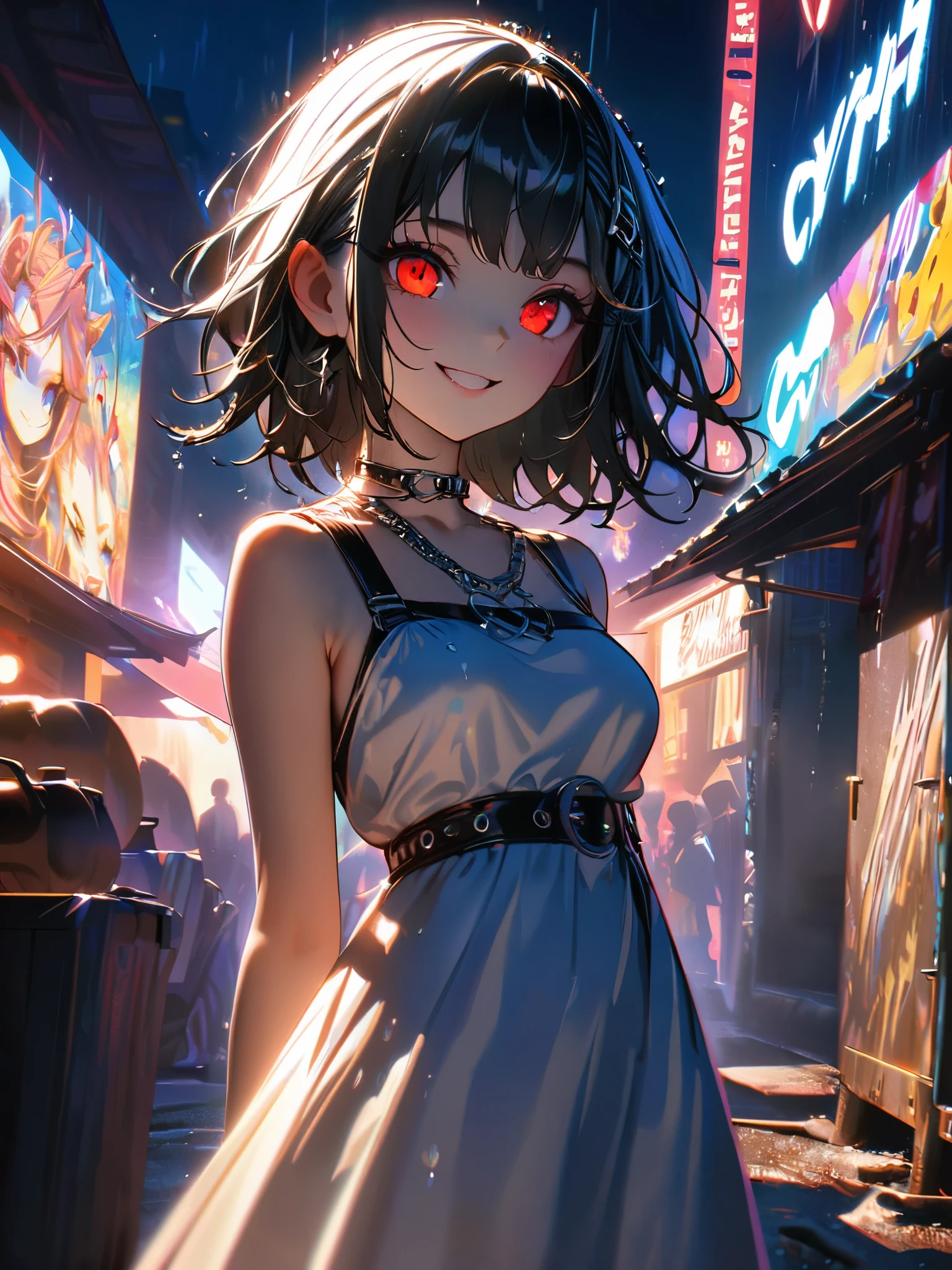 1 person, chromatic aberration, Written boundary depth, Soft Light, masterpiece, Highest quality, complicated, Tone Mapping, A place where fireworks are set off at festivals. Concept Art, Smooth, Clear focus, Dramatic lighting, Very cinematic, super practical painting, アートステーション's trending, 8k, Incredible Shadows, practical,  whole body, View, Viewers, Portrait of a Girl 1, standing on street corner, Heavy rain and lightning、Dark Sky, neon and cyber punk background, she is dressed in punk clothing with silver chains and silver spikes, Her hair was dyed a bright black color..........Ominous aura of light, smile, punk, ciber punk, Backlight.Fashionable clothes、Friendly dress code:wearing cute white dress.My breasts are a little big.Beautiful red eyes