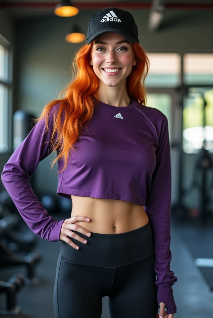 generates a beautiful girl with orange hair, Bright hazel eyes, charming smile, White skin, wearing an Adidas sports cap, a purple sports sweater, black sports leggings, Adidas sports shoes, gym background, Professional full body photography , Super 8K UHD resolution, aperture v4, perfect composition, Ultra-sharp minute details, very sharp and well defined, that your pose is standing with one hand on your waist and the other waving towards the camera while smiling, body fitness, masterpiece
