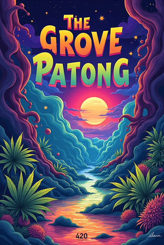 cannabis Nintendo game poster art which reads 'The Grove Patong" 420 artwork, retro psychedelic weed illustration, liquid, psychedelic artwork, in illustration style digital, extremely high quality artwork, estilo de arte impressionante, arte do Adobe Illustrator, visionary art style, psychedelic acid trip, estilo de arte vetorial, Psychedelic style nano-infused Vibrant colors, swirling patterns, abstract forms, surreal, trippy fluid, high quality, 4k render warm colors