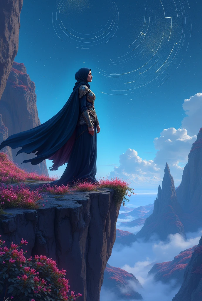 make a wallpaper for a girl laptop in which A hijabi warrior woman stands confidently on a cliff overlooking a vast, otherworldly landscape. She wears intricately designed armor over her hijab, with a long cape flowing in the wind. Her surroundings are illuminated by floating, bioluminescent plants and a sky filled with constellations that form mythical creatures."